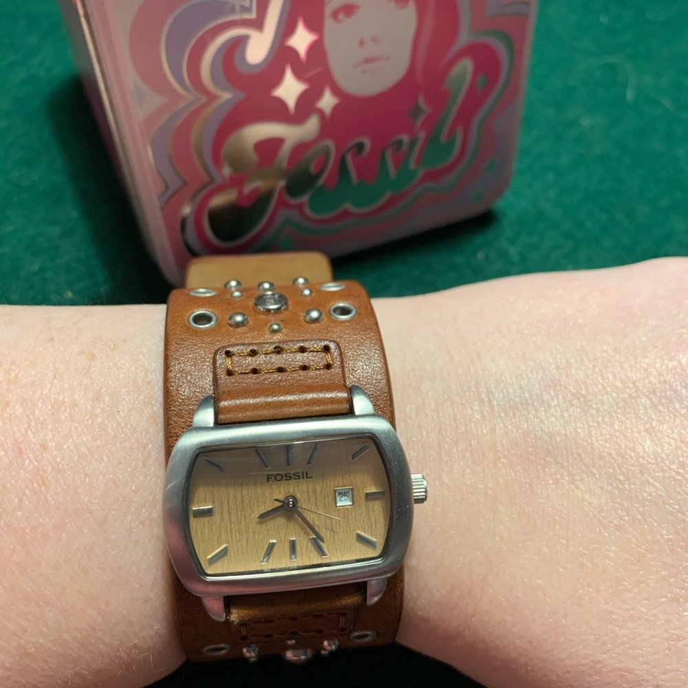 RARE Fossil Leather Stone Studded Watch